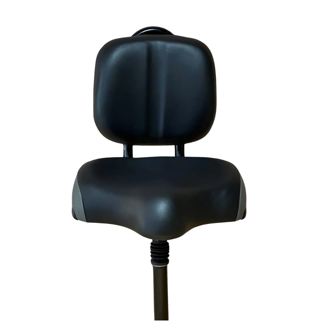A black ergonomic stool with a curved backrest and seat, supported by an adjustable pole, reflects the minimalist design of the Glion SNAPnGO Scooter Accessories, emphasizing comfort and posture support.